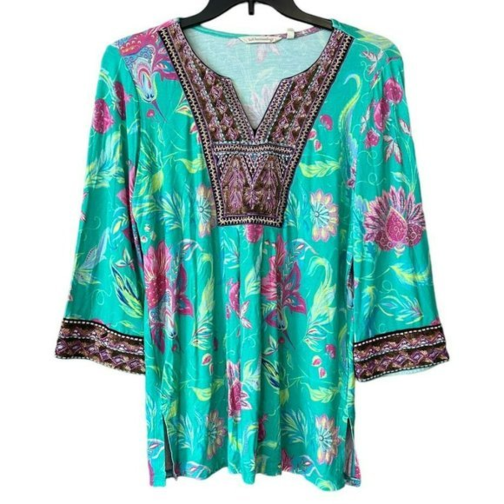 Soft Surroundings Boho Floral Sequin Embroidered V-Neck Tunic Womens M